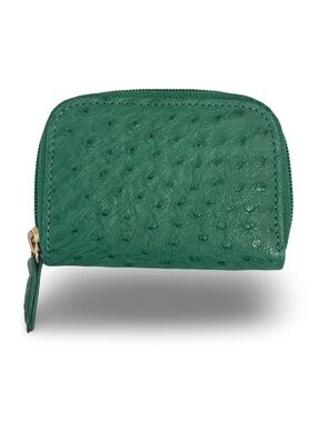 Compact Green Ostrich-Texture Zip Card Wallet